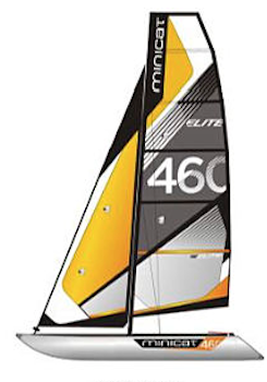 MiniCat 460 Elite – ujęcie ogólne na wodzie (katamaran pompowany, carbon)
