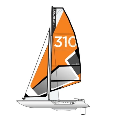 Katamaran Minicat 310 Sport – widok boczny, kolor pomarańczowy, wizualizacja