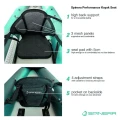 Spinera Kayak Performance – infografika: wysokie oparcie, 3 panele mesh, poduszka 5 cm, 4 pasy, tylna kieszeń