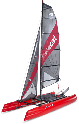 Grabner Happy Cat STAR Carbon – sportowy, regatowy katamaran pompowany, widok 3/4.