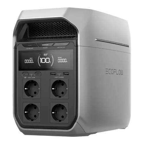 Power station EcoFlow DELTA 3 Plus – ujęcie 3/4 z przodu, czarno-szara obudowa na białym tle