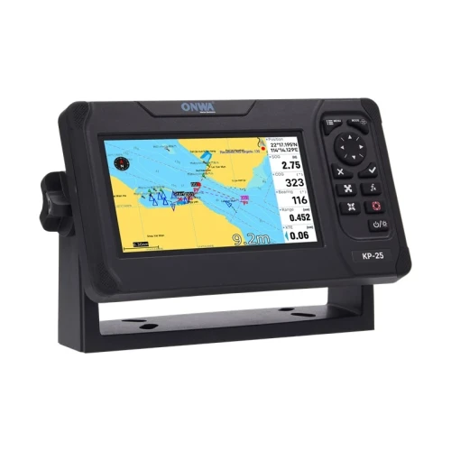Onwa KP-25A chartplotter — ujęcie pod kątem prawym, kompaktowa obudowa IP66 na podstawie