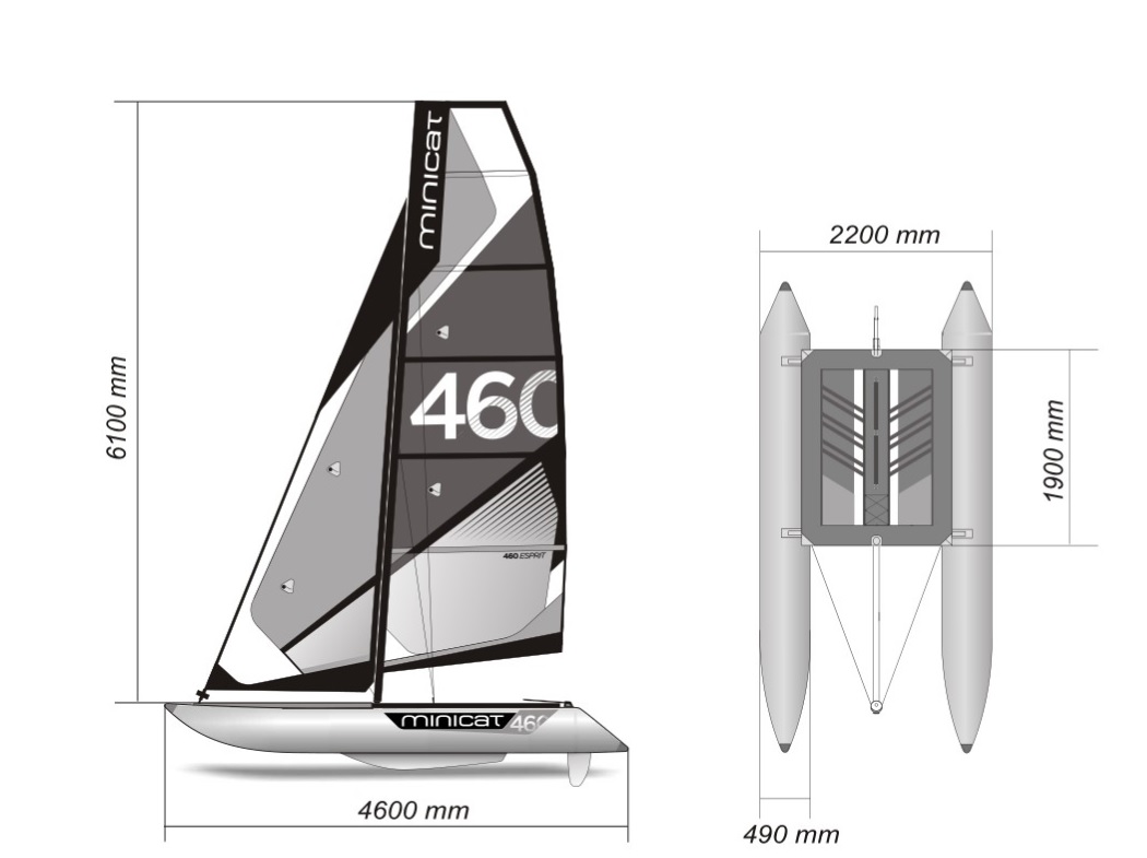 MiniCat 460 – rysunek wymiarów: 4600 × 2200 × 6100 mm; trampolina 1900 × 1450 mm