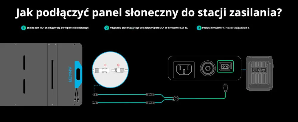 Mobilny panel solarny do stacji zasilania – schemat podłączenia MC4 do wejścia XT60